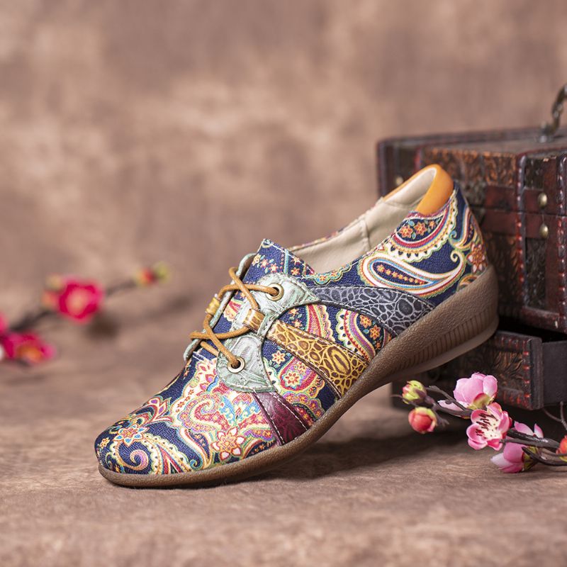 Paisley Retor Floral Splicing Folkways-stijl Platte Schoenen Met Ronde Neus En Veters