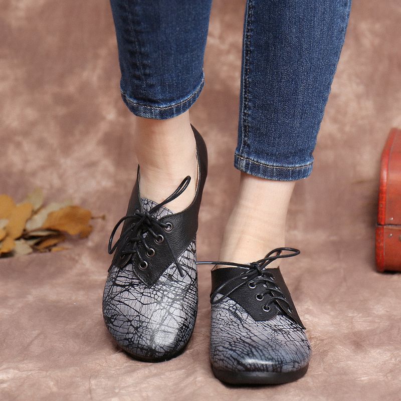 Vintage Handgemaakte Lederen Splicing Zachte Zool Lace Up Platte Schoenen
