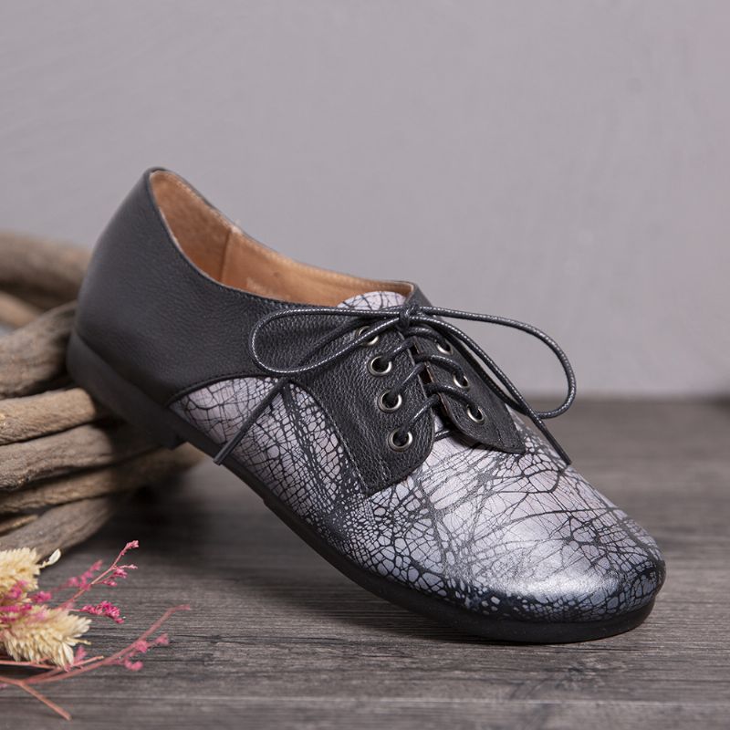 Vintage Handgemaakte Lederen Splicing Zachte Zool Lace Up Platte Schoenen