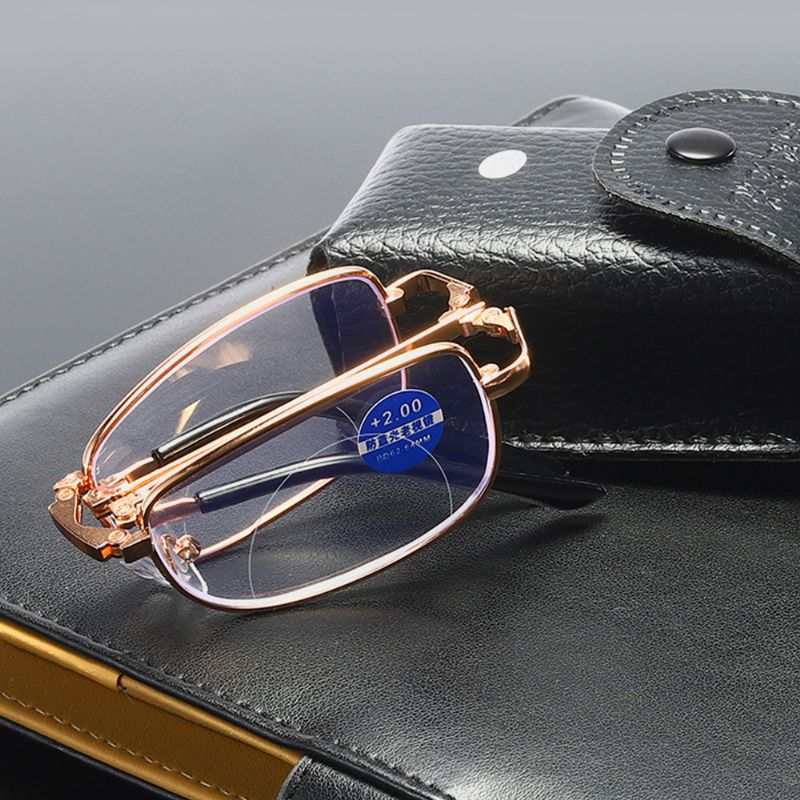 Unisex Draagbare Full Frame Dubbel Licht Bijziendheid Verziendheid Bril Opvouwbare Anti-blauwe Leesbril Met Lederen Doos