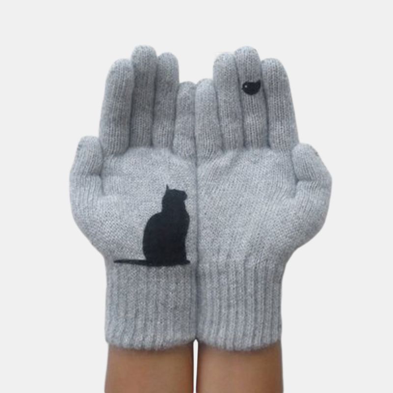 Dames Wollen Handschoenen Herfst Winter Outdoor Warm Koud Gewatteerde Kat Vogelprint Handschoen