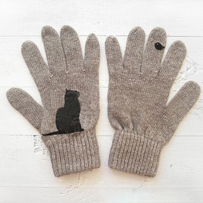 Dames Wollen Handschoenen Herfst Winter Outdoor Warm Koud Gewatteerde Kat Vogelprint Handschoen