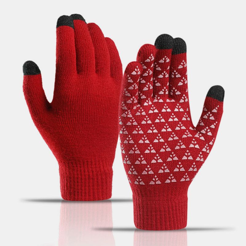 Unisex Drievinger Touch-screen Palm Driehoek Siliconen Antislip Patroon Gebreide Handschoenen Plus Fluwelen Dikker Zachte Winter Warme Handschoenen