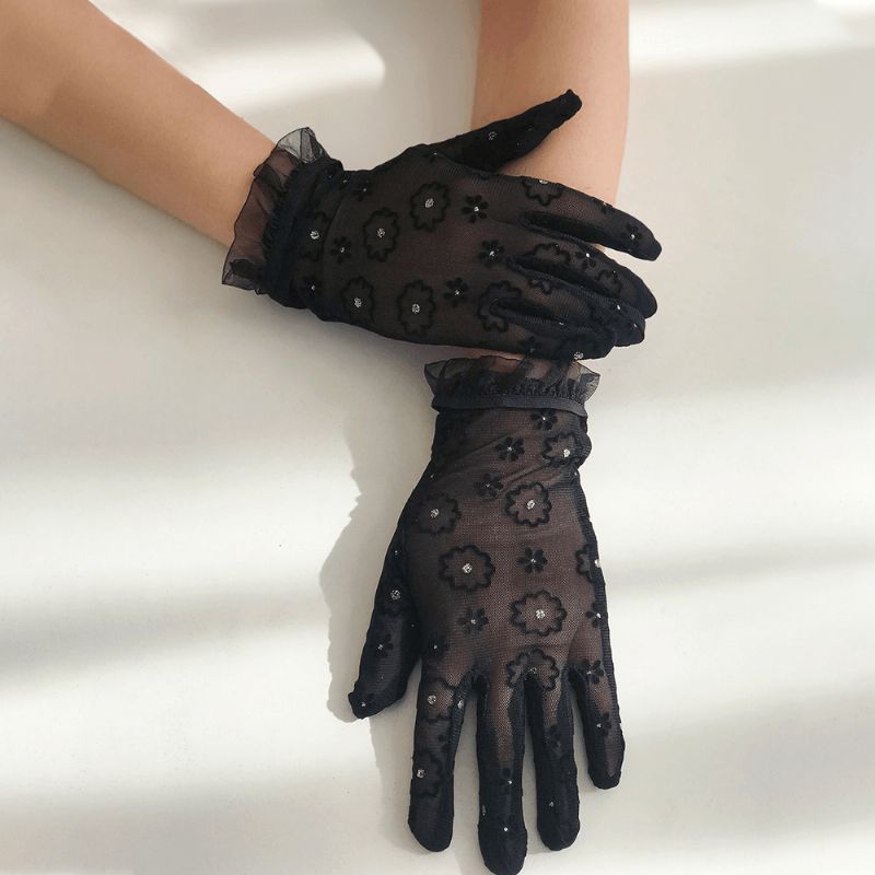 Vrouwen Bloem Strass Versieren Kanten Handschoenen Mode Stof Zonnescherm Ademend Korte Split Vinger Handschoenen Volledige Vinger Handschoenen