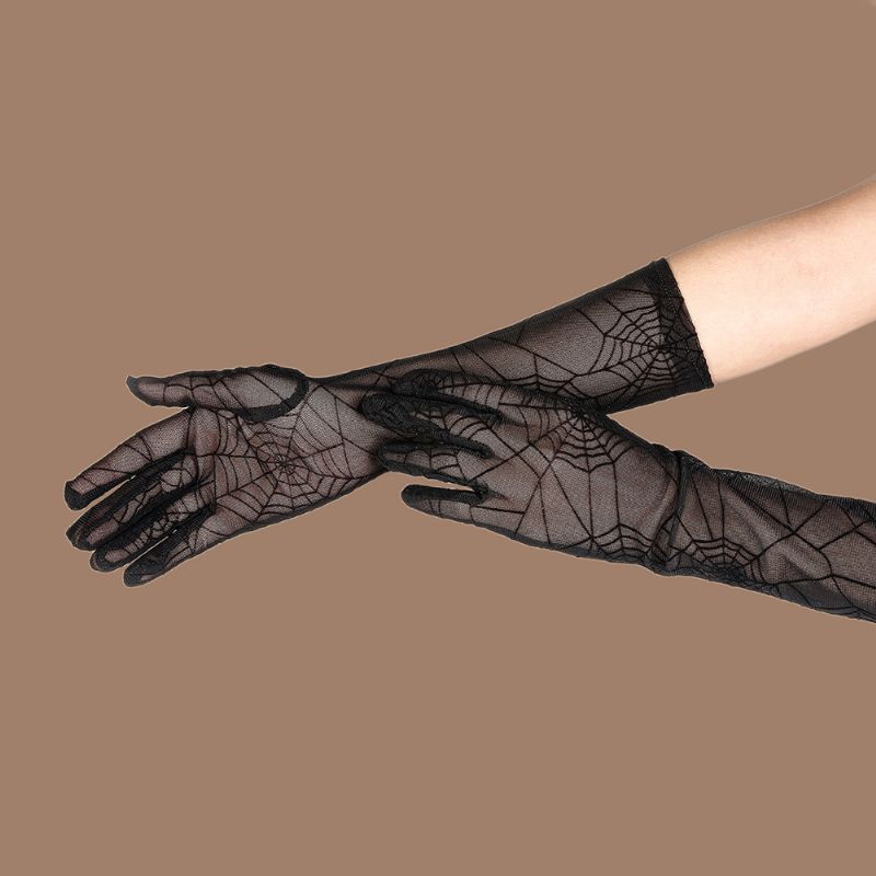 Vrouwen Solid Spider Web Pattern Lace Handschoenen Zomer Zonnescherm Lange Full Finger Split Finger Handschoenen