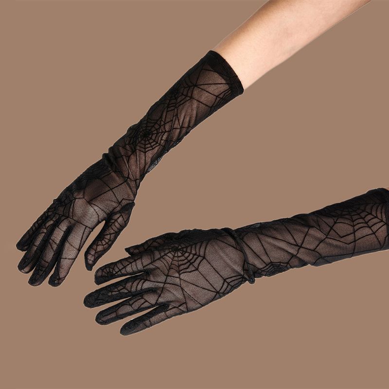 Vrouwen Solid Spider Web Pattern Lace Handschoenen Zomer Zonnescherm Lange Full Finger Split Finger Handschoenen