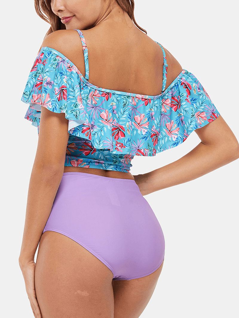Tropische Plant Print Ruches Hoge Taille Bikini Hawaii Casual Badpak Voor Dames