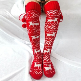 Dames Katoenen Kerstfeestelijk Elandpatroon Warme Legging Over Kniekousen Met Pluis