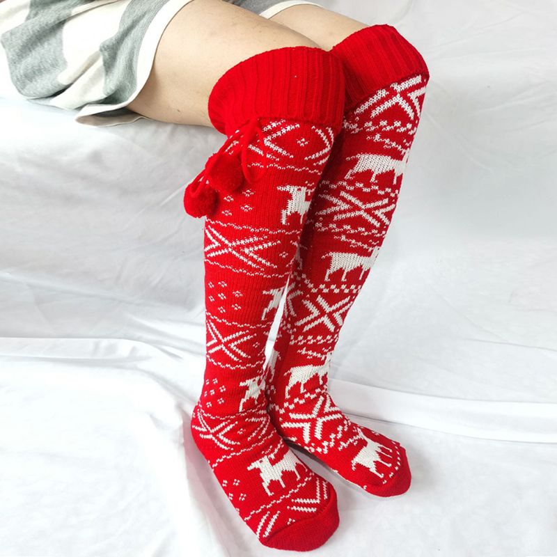 Dames Katoenen Kerstfeestelijk Elandpatroon Warme Legging Over Kniekousen Met Pluis