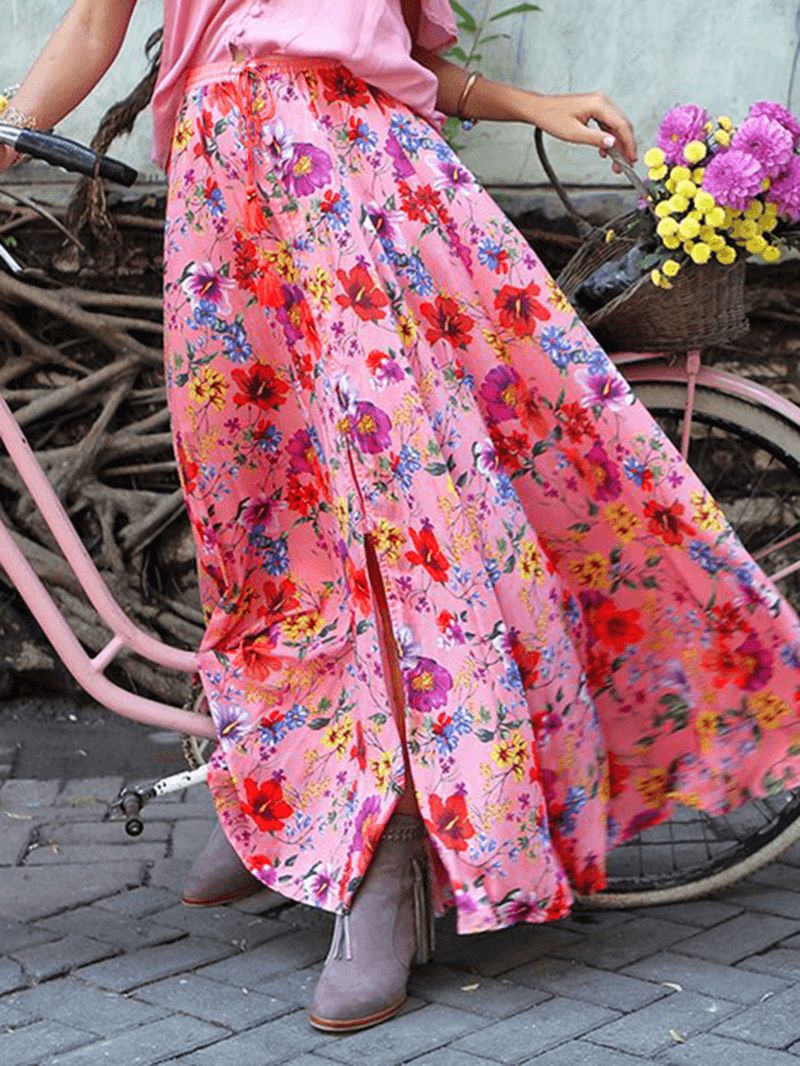 Kleurrijke Bloemenprint Grote Schommel Elastische Taille Vakantie Casual Lange Rok Voor Dames
