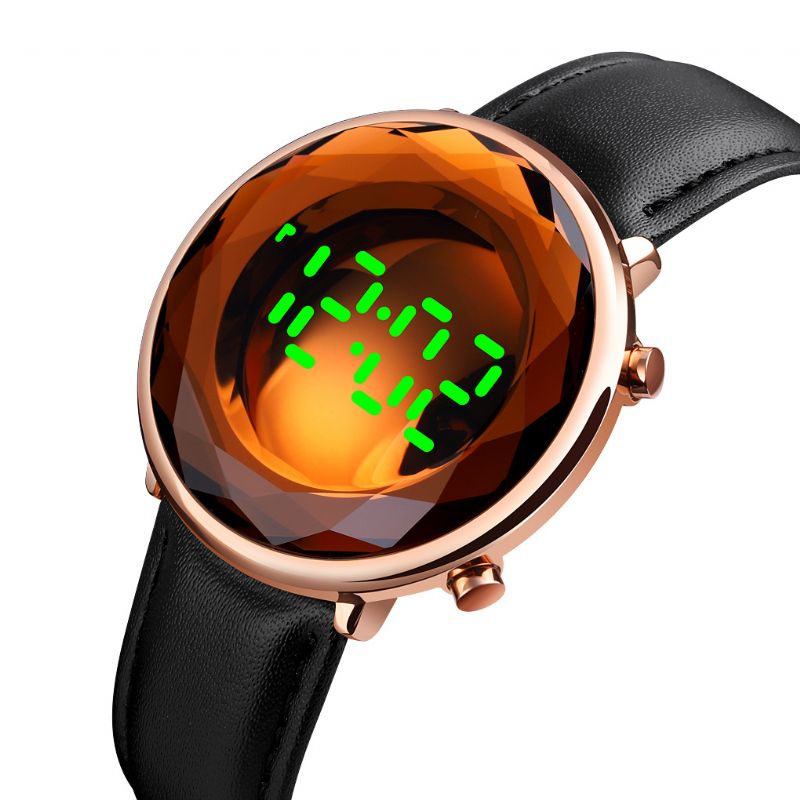 Creatief Driedimensionaal Geslepen Glazen Wijzerplaat Lichtgevende Datumweergave Echt Lederen Band Digitaal Horloge