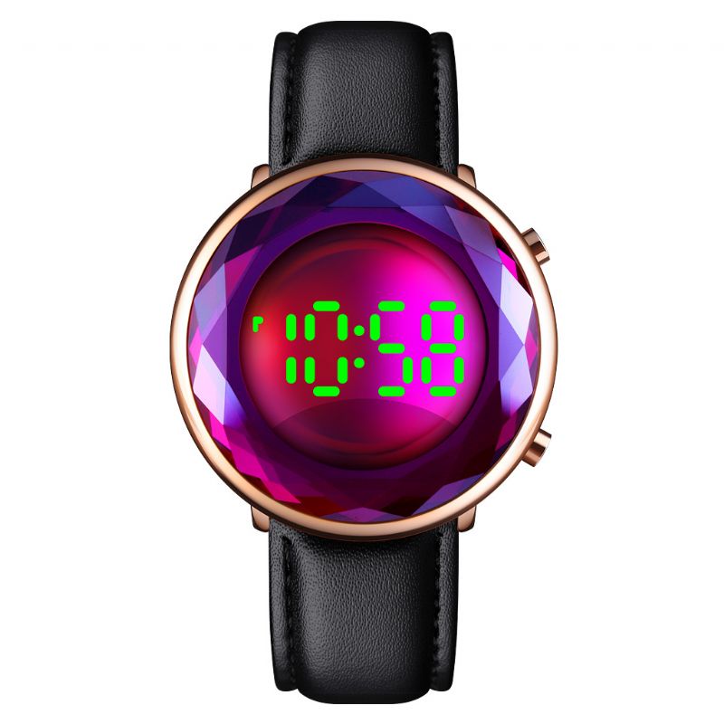 Creatief Driedimensionaal Geslepen Glazen Wijzerplaat Lichtgevende Datumweergave Echt Lederen Band Digitaal Horloge