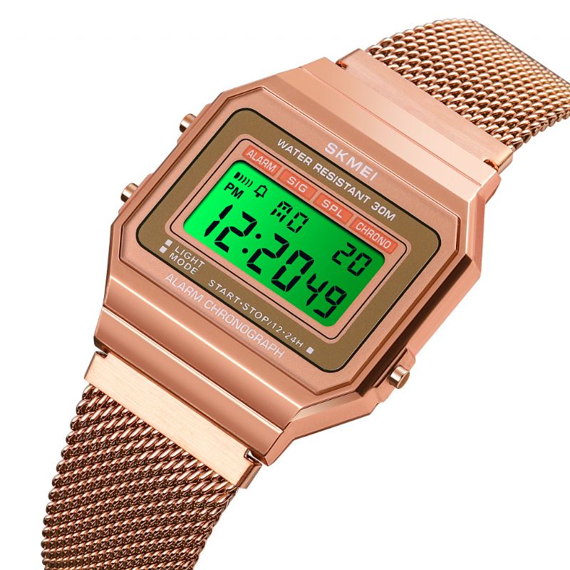 Mode Stopwatch Lichtgevende Display Heren Waterdicht Horloge Mesh Band Digitaal Horloge