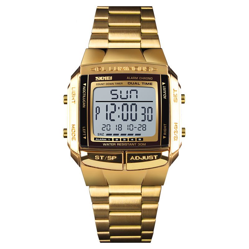 Multifunctioneel Lichtgevend Display Kalender Stopwatch Wekker 3atm Waterdicht Heren Digitaal Horloge