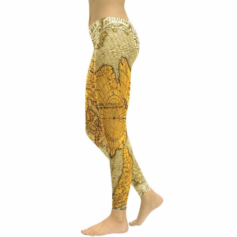 Nieuwe Lente Gouden Wereldkaart Leggings Vrouwen Brief Breedte- En Lengtegraad 3d Gedrukt Legg Hoge Taille Broek