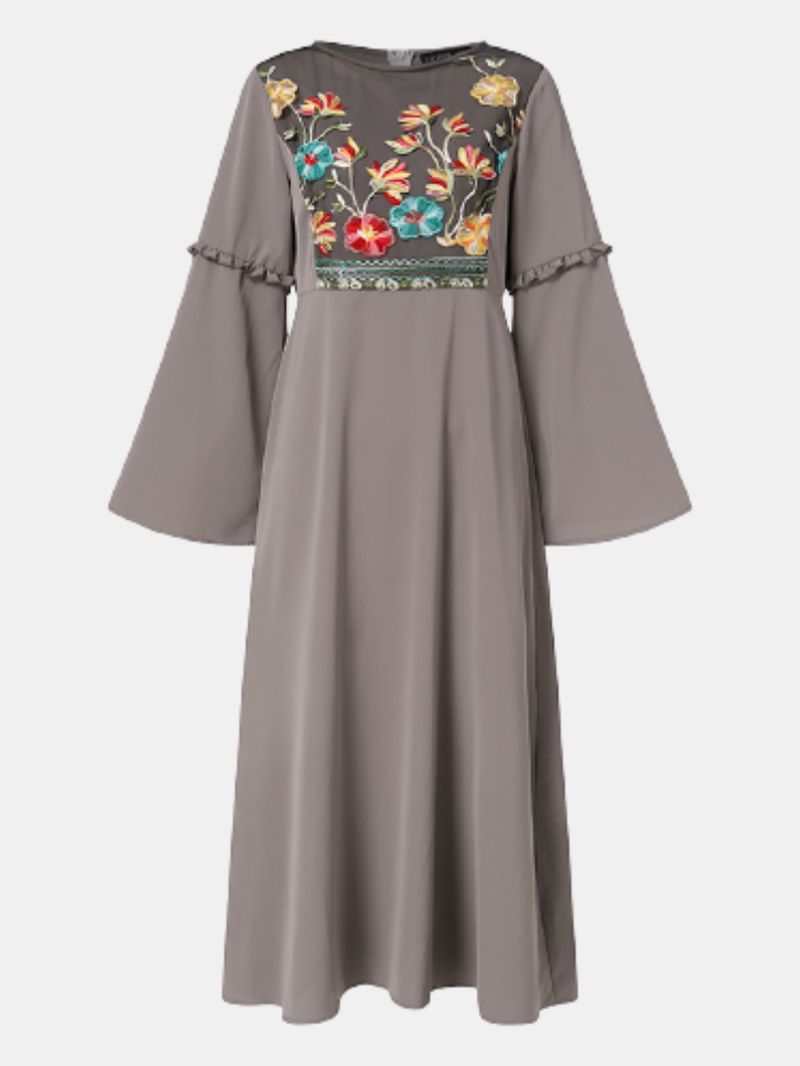 Bloemenborduurwerk Lace Patchwork Flare Sleeve Back Zipper Bohemian Maxi-jurk Voor Dames