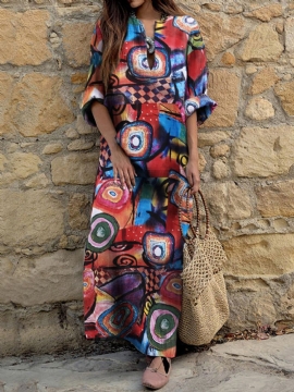 Boheemse Maxi-jurk Met Etnische Abstracte Print En Lange Mouwen Voor Dames