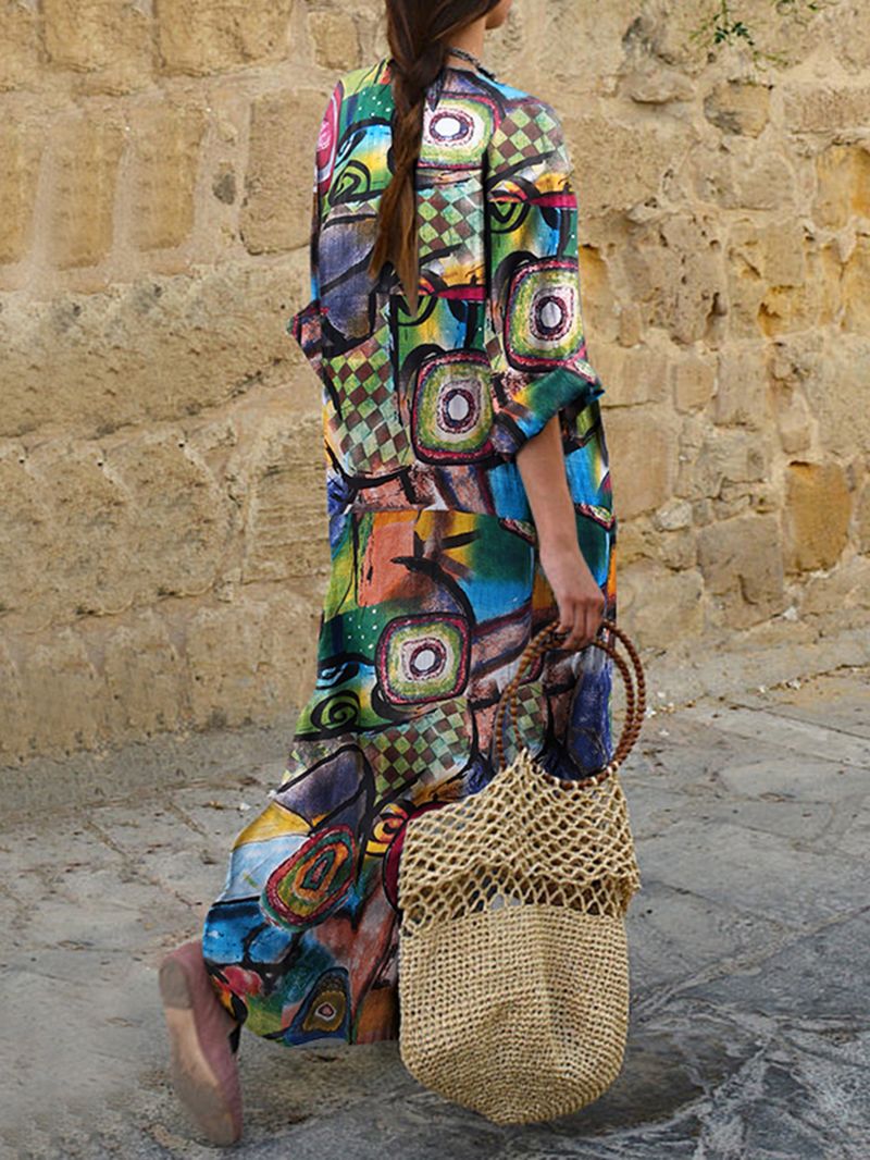 Boheemse Maxi-jurk Met Etnische Abstracte Print En Lange Mouwen Voor Dames