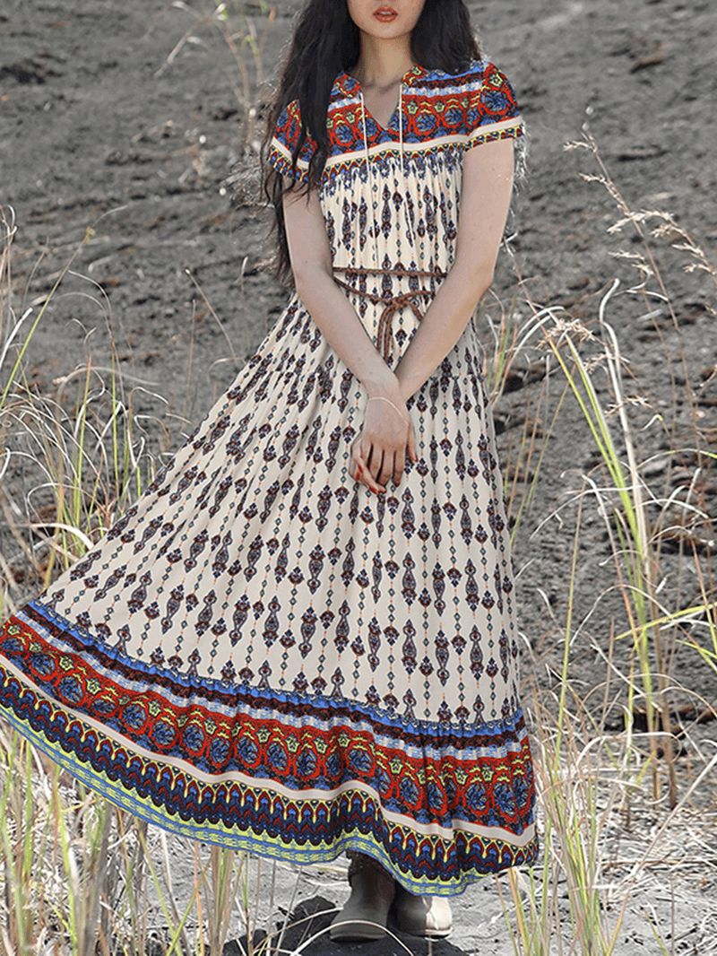 Boheemse Vintage Bloemenprint Lace-up V-hals Korte Mouw Vakantie Maxi-jurk Voor Dames