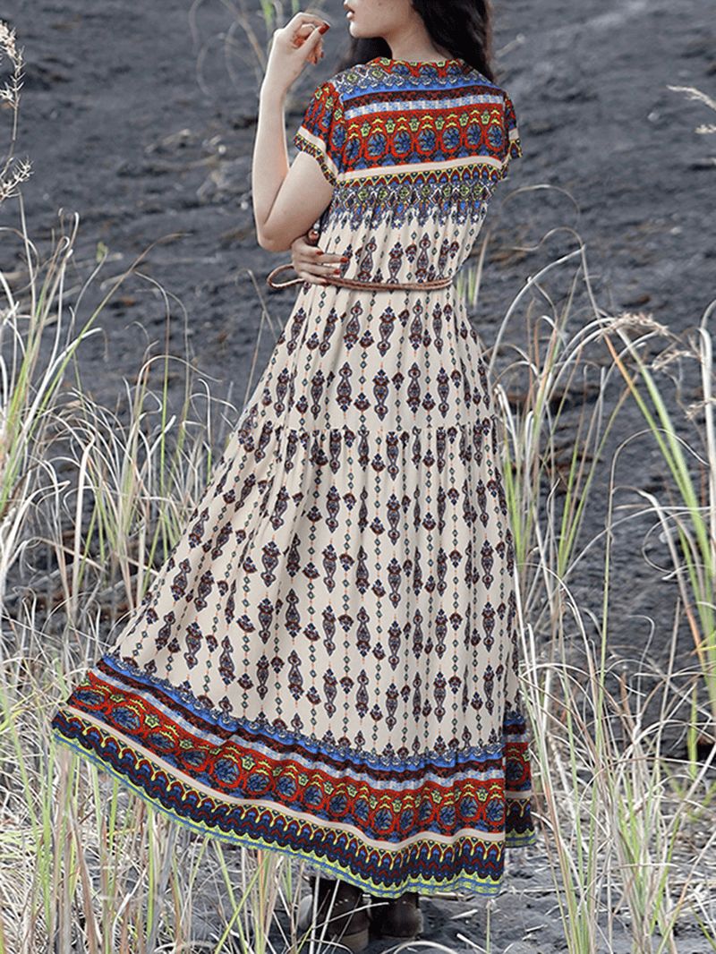 Boheemse Vintage Bloemenprint Lace-up V-hals Korte Mouw Vakantie Maxi-jurk Voor Dames