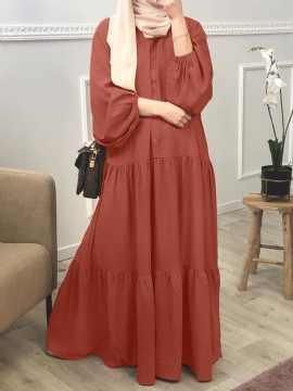 Dames Effen Kleur Button-down Front Puff Sleeve Kaftan Robe Maxi-jurk