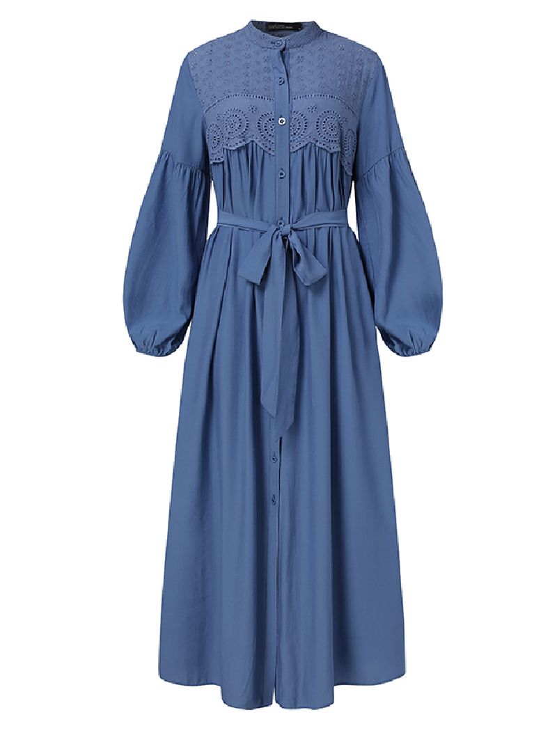 Dames Lace Trims Patchwork Solid Vintage Lace-up Lange Mouw Casual Dress