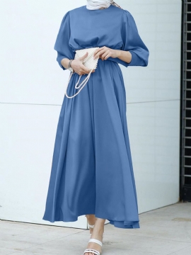 Dames Pure Color Lace-up Puff Sleeve Casual Kaftan Maxi-jurken