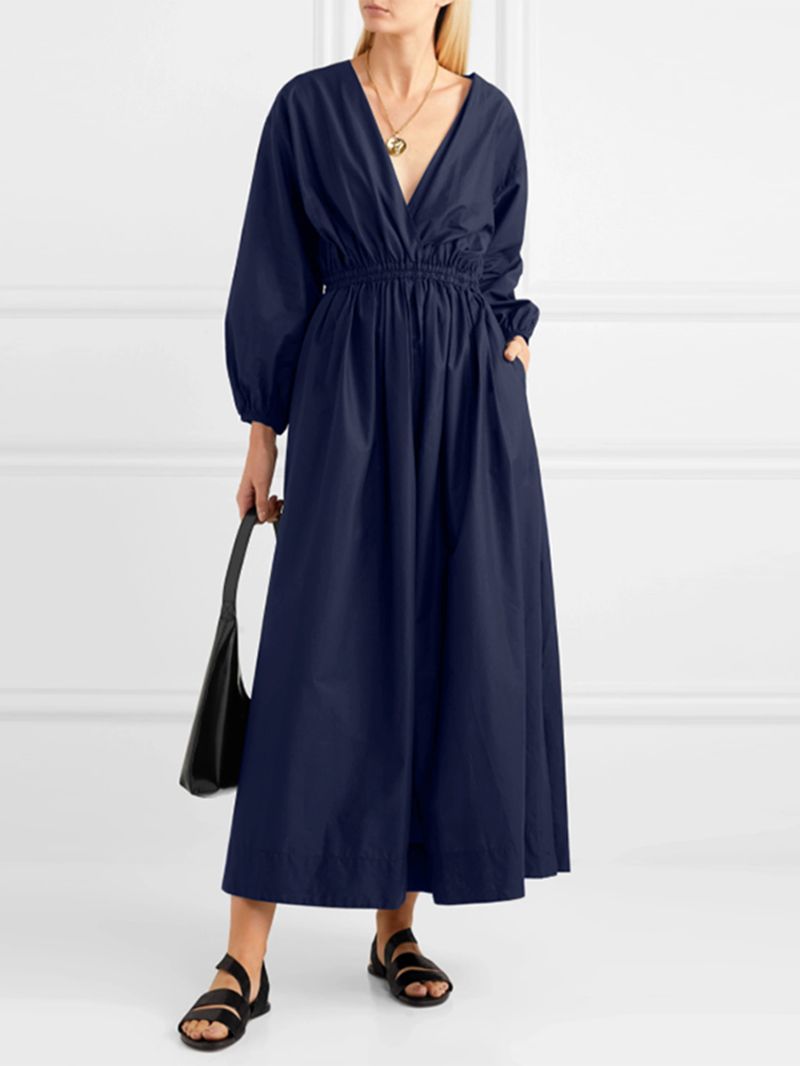 Dames V-hals Geplooide Elastische Taille Pofmouw Elegante Maxi-jurken