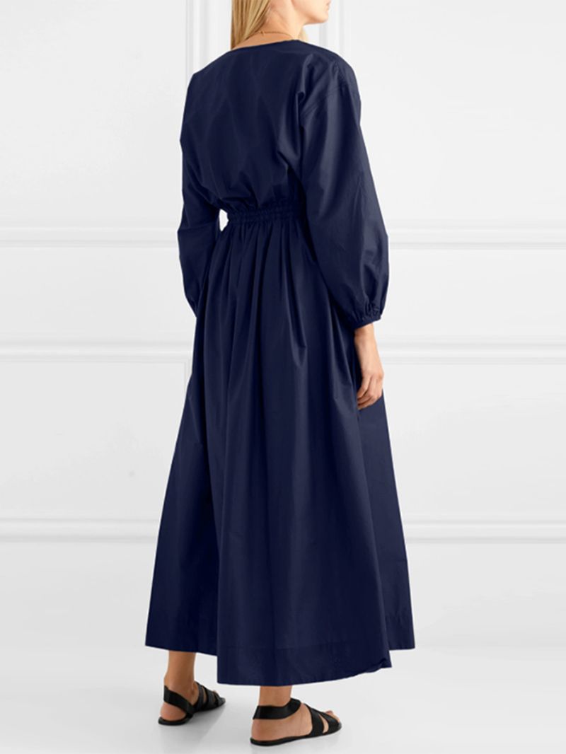 Dames V-hals Geplooide Elastische Taille Pofmouw Elegante Maxi-jurken