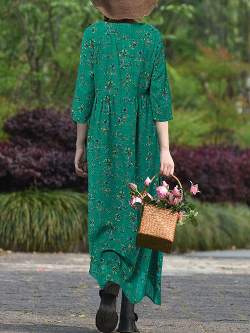 Dames Vintage Bloemenprint O-hals 3/4 Mouw Casual Vakantie Maxi-jurk