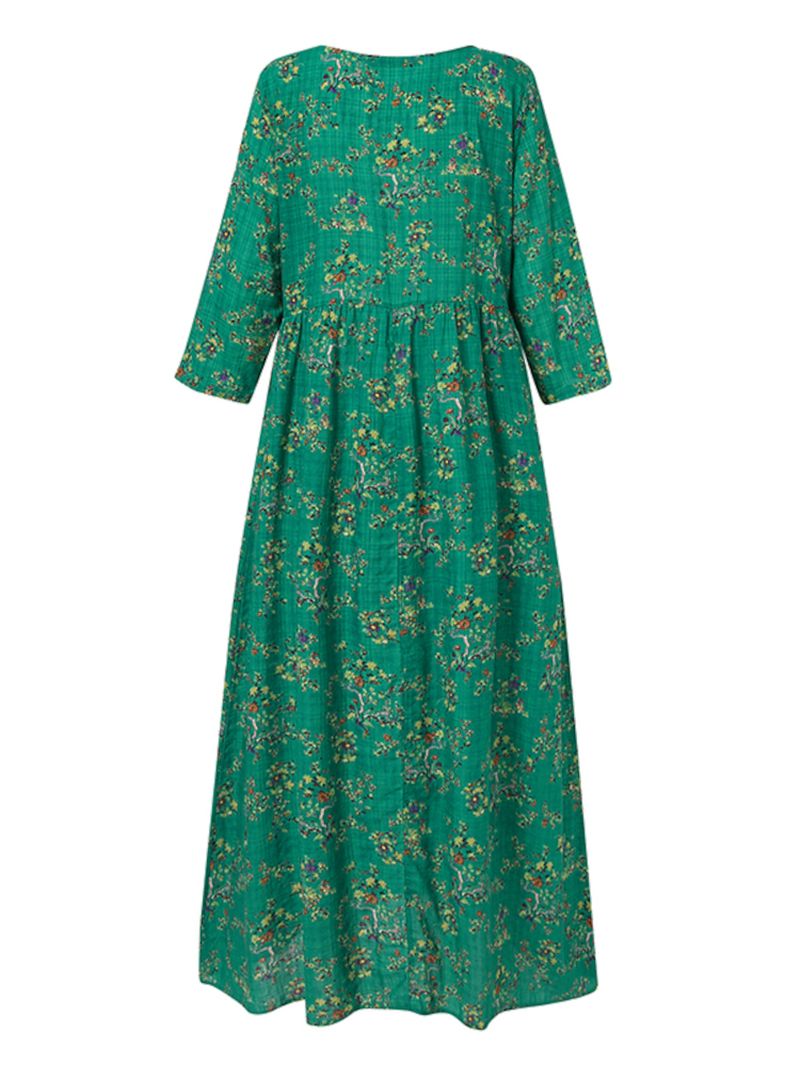 Dames Vintage Bloemenprint O-hals 3/4 Mouw Casual Vakantie Maxi-jurk