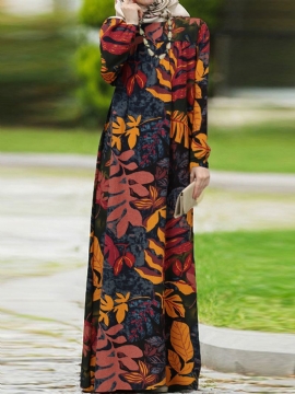 Dames Vintage Bloemenprint Pofmouw Lace-up Bohemien Maxi-jurk