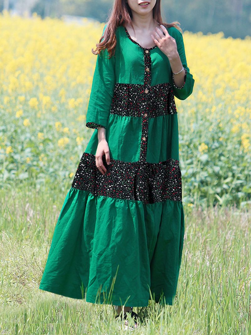 Maxi-jurk Met Vintage Print En Patchwork-knopen Met 3/4 Mouwen