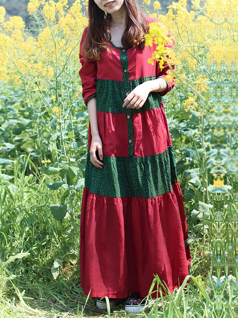 Maxi-jurk Met Vintage Print En Patchwork-knopen Met 3/4 Mouwen