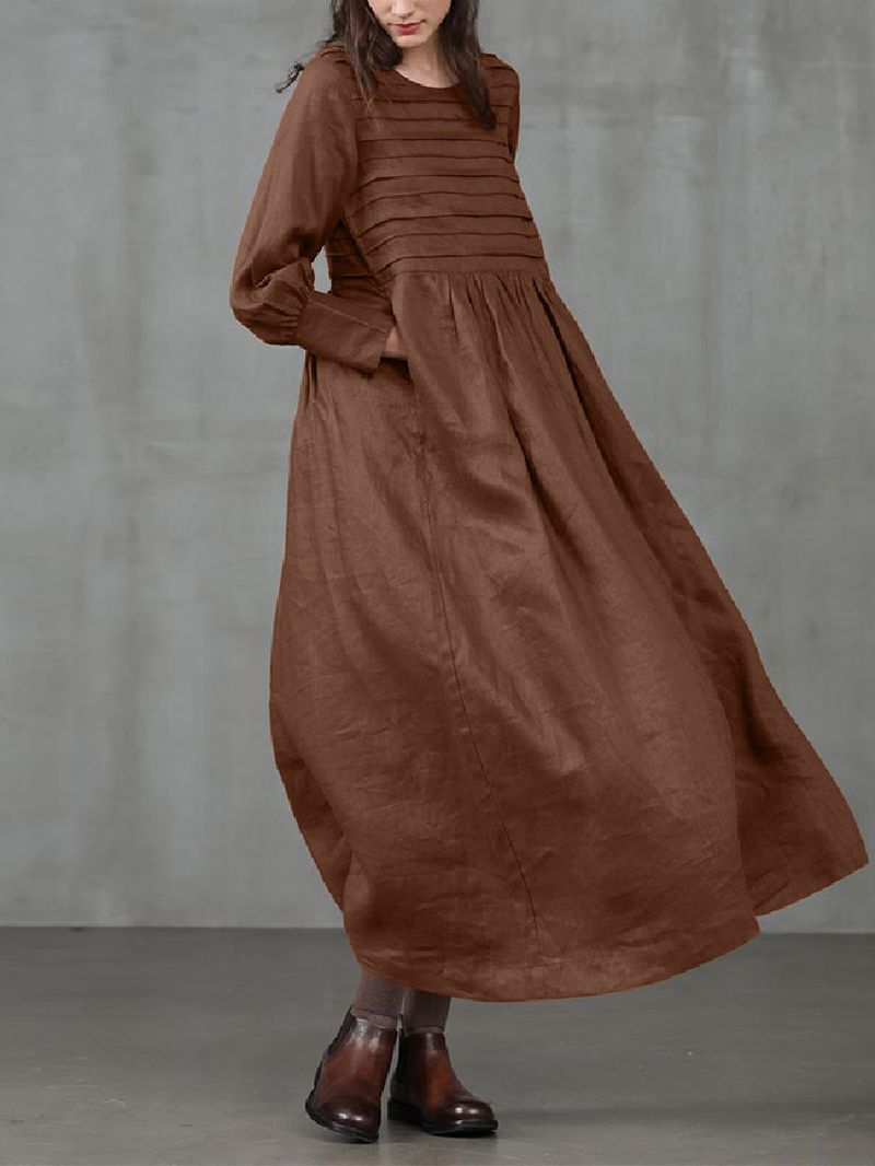 Vintage Pofmouw O-hals Effen Kleur Zijzak Geplooide Maxi-jurk Voor Dames