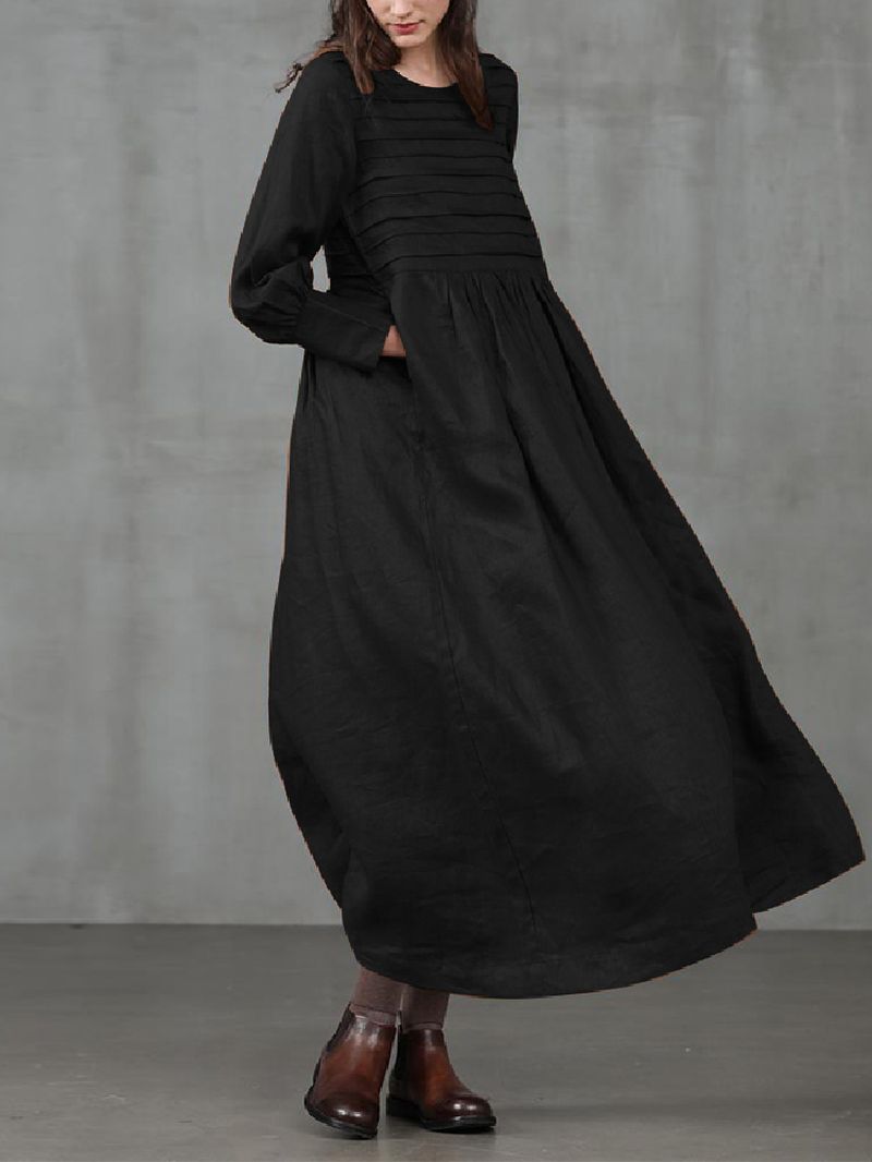 Vintage Pofmouw O-hals Effen Kleur Zijzak Geplooide Maxi-jurk Voor Dames