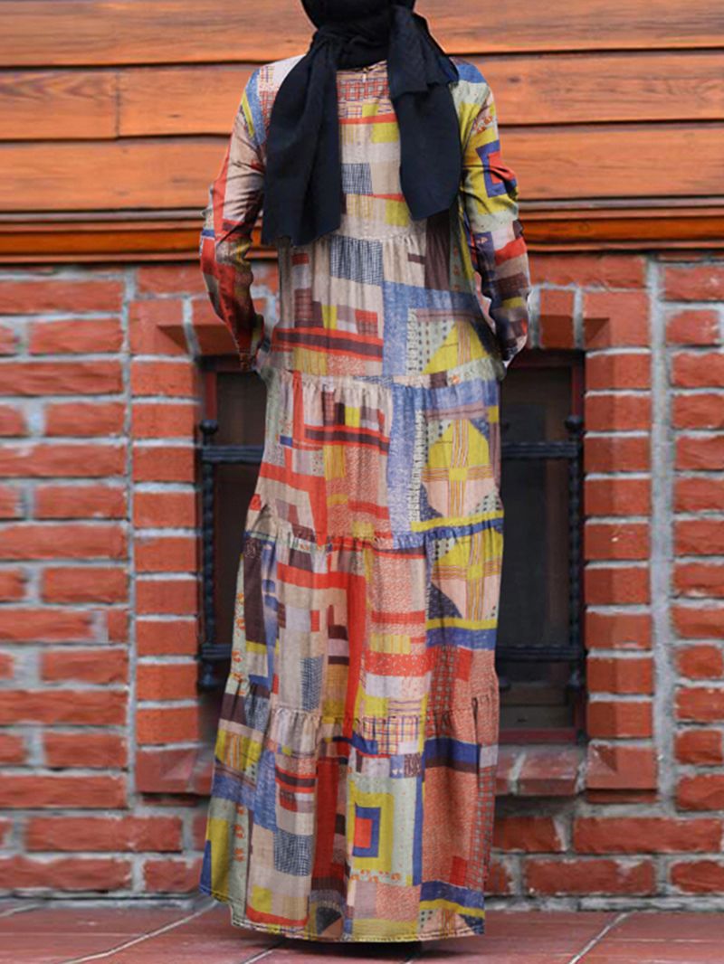 Vrouwen Abstracte Print Gelaagde Vintage Gewaad Lange Mouw Maxi-jurken Met Zak