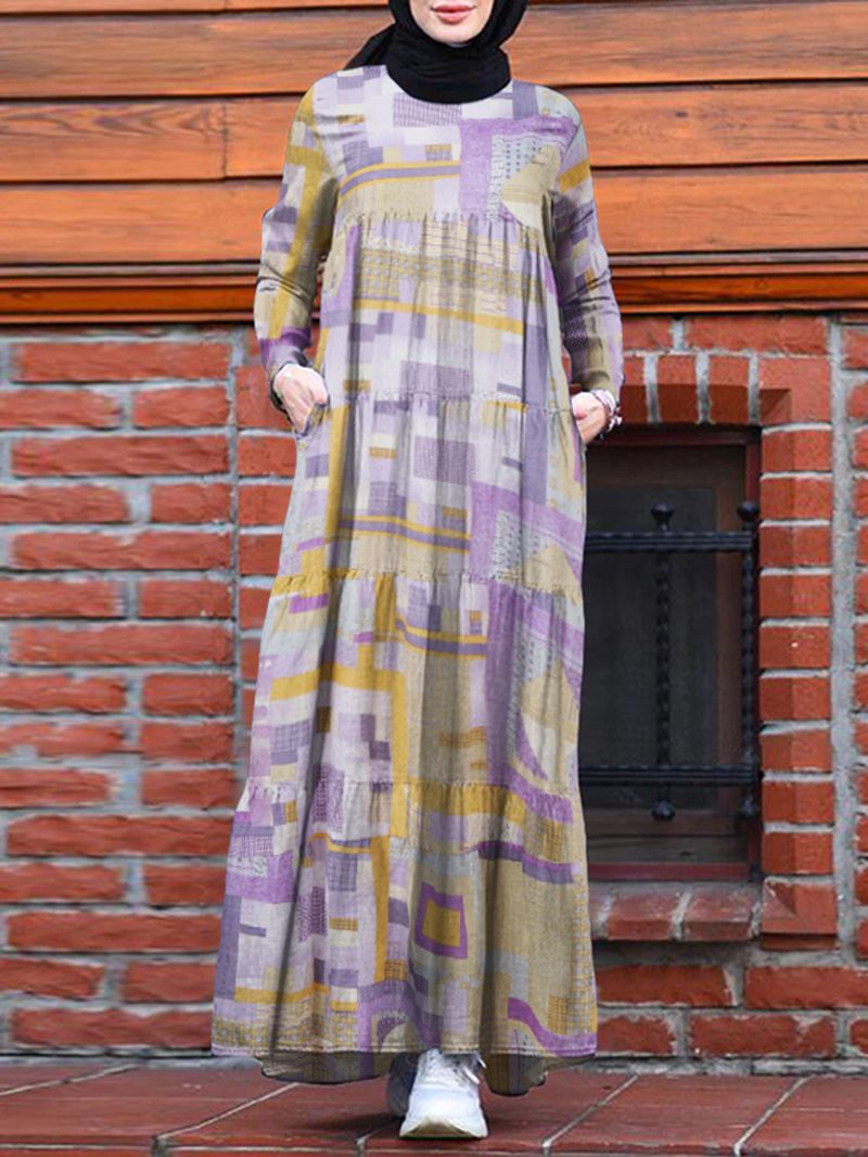 Vrouwen Abstracte Print Gelaagde Vintage Gewaad Lange Mouw Maxi-jurken Met Zak