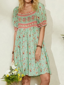 Dames Bloemenprint Gesmokt Detail Halflange Vintage Midi-jurken