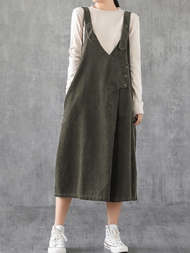 Dames Corduroy Verstelbare Schouderriem V-hals Solid Side Pocket Casual Midi-jurk