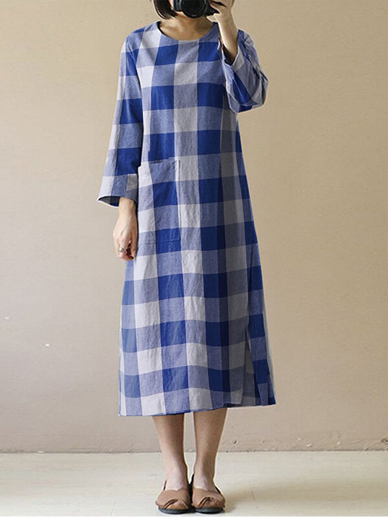 Dames Vintage Geruite O-hals Lange Mouw Gesplitste Midi-jurk