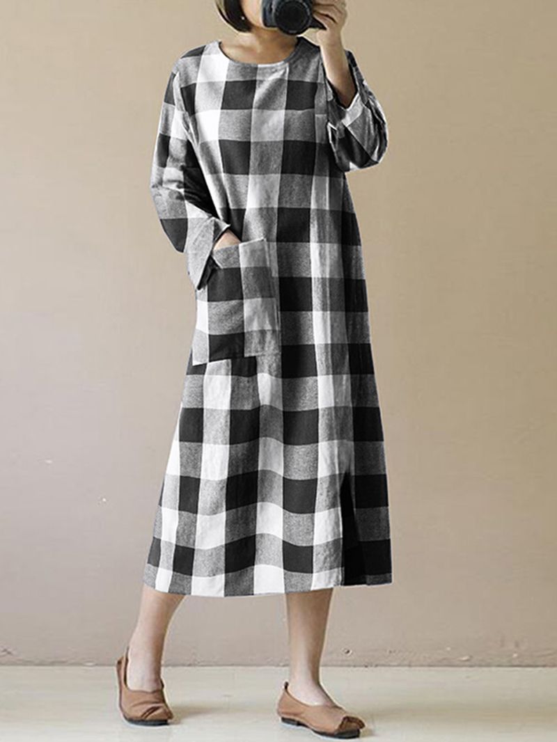 Dames Vintage Geruite O-hals Lange Mouw Gesplitste Midi-jurk