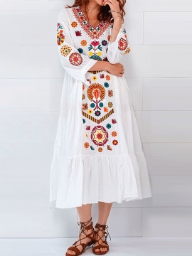 Etnische Vrouwen V-hals Lange Mouwen Bloemenprint Vakantie Boheemse Geplooide Maxi-jurk