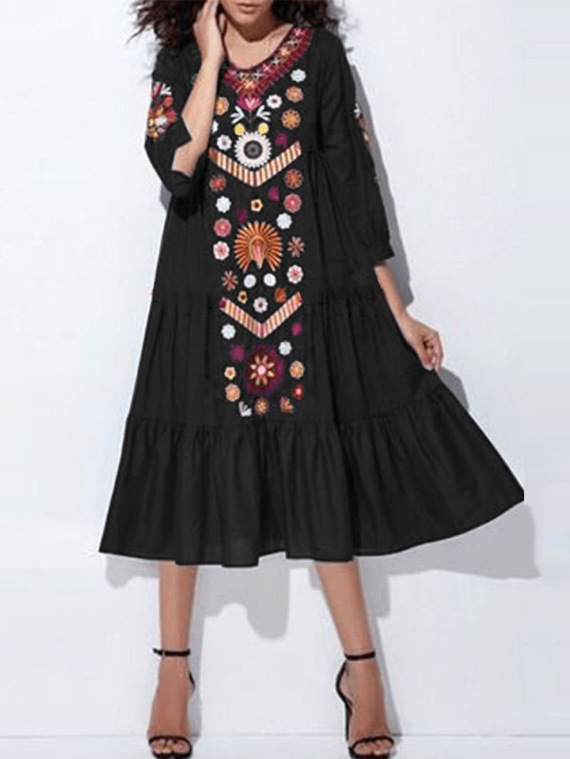 Etnische Vrouwen V-hals Lange Mouwen Bloemenprint Vakantie Boheemse Geplooide Maxi-jurk