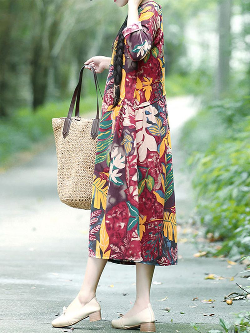 Vintage Casual Midi-jurk Met Bloemenprint En Zijzakken