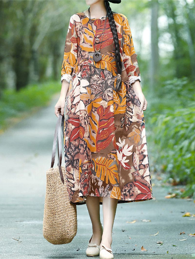 Vintage Casual Midi-jurk Met Bloemenprint En Zijzakken