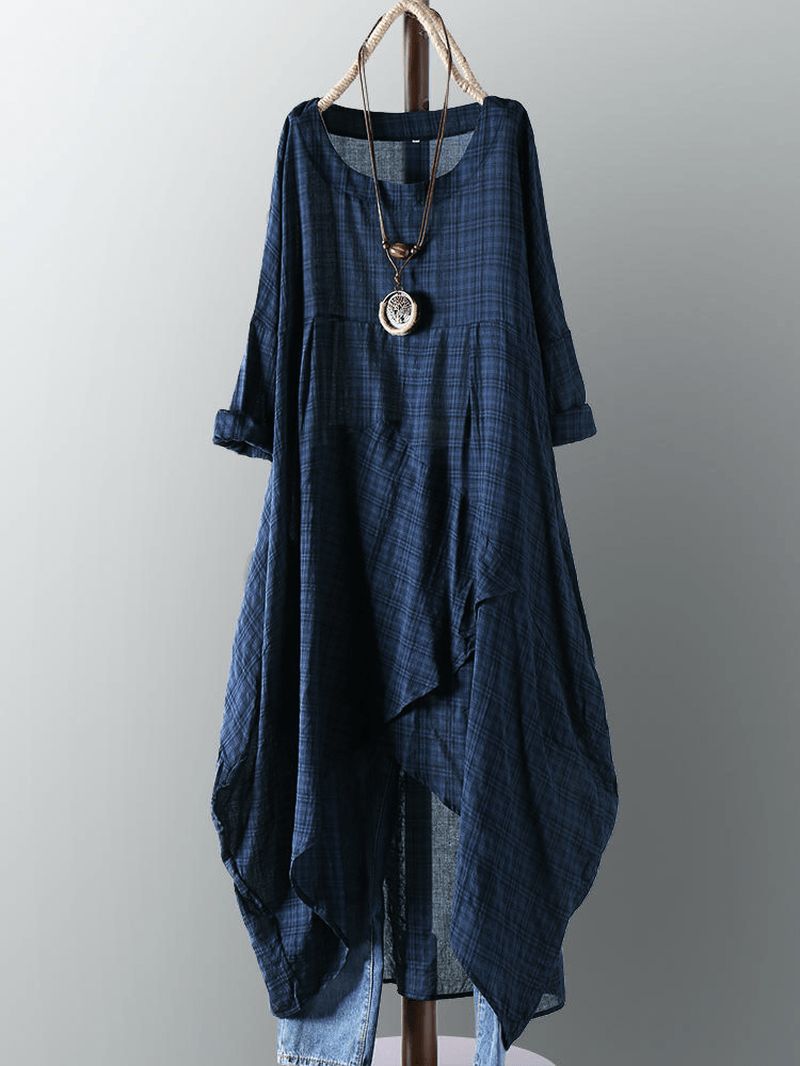 Vintage Dames Katoenen Zak Geruite Onregelmatige Zoom Maxi-jurk