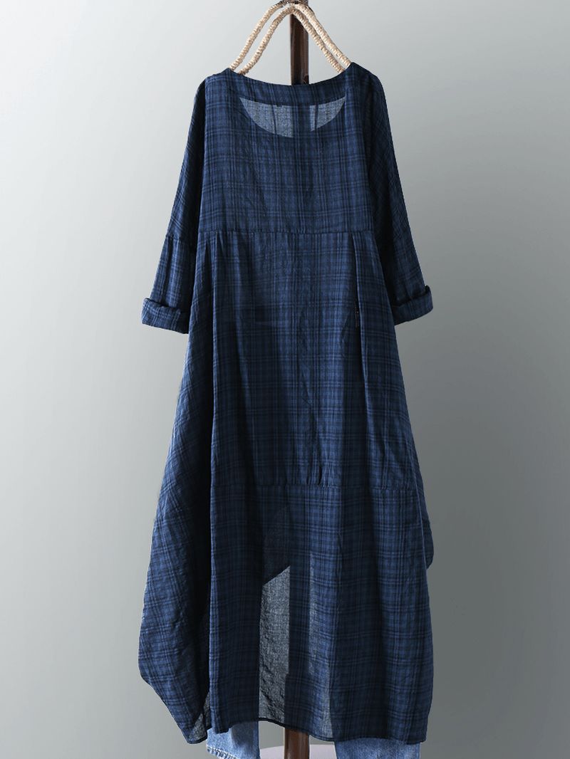 Vintage Dames Katoenen Zak Geruite Onregelmatige Zoom Maxi-jurk