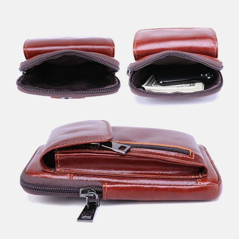 Mannen Flap-over Front Zipper Pocket Belt Bag Sport Casual 6.3 Inch Telefoontas Echt Lederen Heuptas