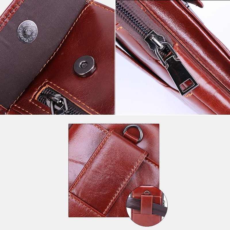 Mannen Flap-over Front Zipper Pocket Belt Bag Sport Casual 6.3 Inch Telefoontas Echt Lederen Heuptas